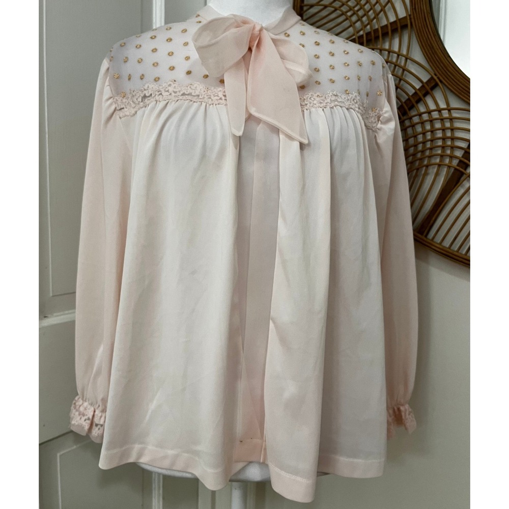 VTG Sheer Pink Coquette Lace‎ Embellished Fairy Babydoll Y2K Bow Open Blouse S/M